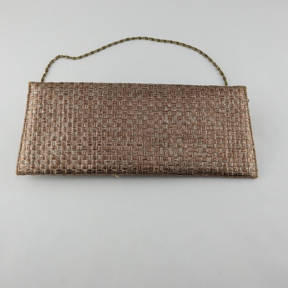 Vintage Mochi Bronze Wozen Embellished Straw Clutch Purse Bag Medallion Boho - Picture 4 of 10